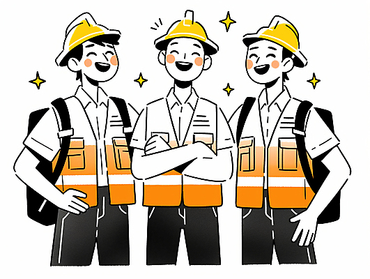 JPG 남자 허리손 일러스트 배낭 협력 미소 웃음 상반신 성인 세명 반짝임 팔짱 공구 작업 자신감 안전모 안전조끼 성인남자만 건설근로자 국내일러스트 AI일러스트 AI콘텐츠 직업 감정 포즈 가방 모션 표정 사람 도구 헬멧 안전장비 남자만 성인만 파일형식