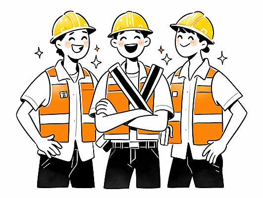 JPG 남자 허리손 일러스트 협력 미소 웃음 상반신 성인 세명 반짝임 팔짱 공구 작업 자신감 안전모 안전조끼 성인남자만 건설근로자 국내일러스트 AI일러스트 AI콘텐츠 직업 감정 포즈 모션 표정 사람 도구 헬멧 안전장비 남자만 성인만 파일형식
