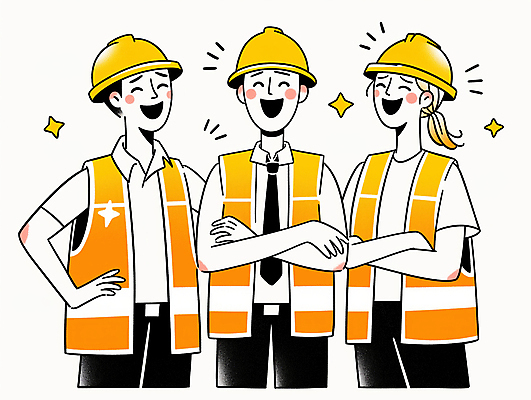 JPG 여자 남자 허리손 일러스트 협력 미소 웃음 상반신 성인 세명 반짝임 팔짱 공구 작업 자신감 안전모 안전조끼 성인만 건설근로자 국내일러스트 AI일러스트 AI콘텐츠 직업 감정 포즈 모션 표정 사람 도구 헬멧 안전장비 파일형식