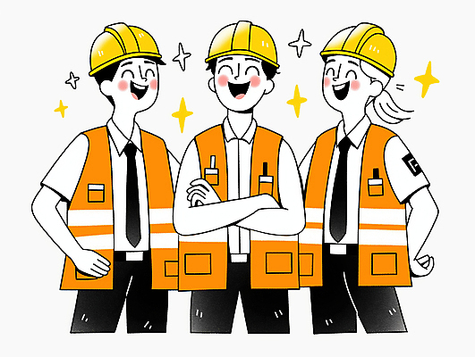 JPG 여자 남자 허리손 일러스트 협력 미소 웃음 상반신 성인 세명 반짝임 팔짱 공구 작업 자신감 안전모 뒷짐 안전조끼 성인만 건설근로자 국내일러스트 AI일러스트 AI콘텐츠 직업 감정 포즈 모션 표정 사람 도구 헬멧 안전장비 파일형식