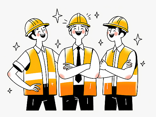 JPG 남자 허리손 일러스트 협력 미소 웃음 상반신 성인 세명 반짝임 팔짱 공구 작업 자신감 안전모 안전조끼 성인남자만 건설근로자 국내일러스트 AI일러스트 AI콘텐츠 직업 감정 포즈 모션 표정 사람 도구 헬멧 안전장비 남자만 성인만 파일형식