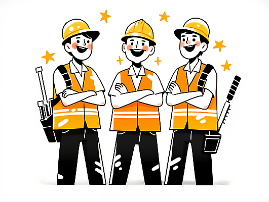 JPG 남자 일러스트 협력 미소 웃음 상반신 성인 세명 팔짱 공구 작업 자신감 안전모 안전조끼 성인남자만 건설근로자 국내일러스트 AI일러스트 AI콘텐츠 직업 감정 모션 표정 사람 도구 헬멧 안전장비 남자만 성인만 파일형식
