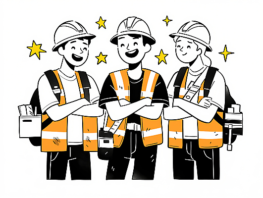 JPG 여자 남자 일러스트 배낭 협력 미소 웃음 상반신 성인 세명 반짝임 팔짱 공구 작업 자신감 안전모 안전조끼 성인만 건설근로자 국내일러스트 AI일러스트 AI콘텐츠 직업 감정 가방 모션 표정 사람 도구 헬멧 안전장비 파일형식
