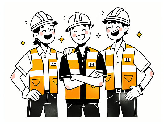 JPG 남자 허리손 일러스트 협력 미소 상반신 성인 세명 반짝임 팔짱 공구 작업 자신감 안전모 안전조끼 성인남자만 어깨에손 건설근로자 국내일러스트 AI일러스트 AI콘텐츠 직업 감정 포즈 모션 표정 사람 도구 헬멧 안전장비 남자만 성인만 파일형식