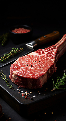 JPG 편집이미지 도마 요리 사람없음 소고기 칼 소금 로즈메리 통후추 토마호크 편집실사 AI포토 AI콘텐츠 주방용품 육류 허브 CG 후추 파일형식