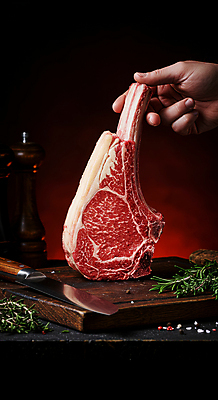 JPG 편집이미지 손 요리 신체부위 소고기 잡기 칼 로즈메리 나무도마 토마호크 편집실사 AI인물포토 AI콘텐츠 모션 도마 육류 사람 목재 허브 CG 파일형식 AI포토