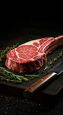 JPG 편집이미지 요리 사람없음 소고기 칼 소금 로즈메리 나무도마 토마호크 편집실사 AI포토 AI콘텐츠 도마 육류 목재 허브 CG 파일형식