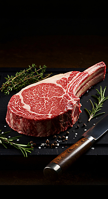 JPG 편집이미지 요리 사람없음 소고기 칼 소금 로즈메리 나무도마 통후추 토마호크 편집실사 AI포토 AI콘텐츠 도마 육류 목재 허브 CG 후추 파일형식