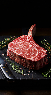 JPG 편집이미지 요리 사람없음 소고기 칼 소금 로즈메리 나무도마 토마호크 편집실사 AI포토 AI콘텐츠 도마 육류 목재 허브 CG 파일형식