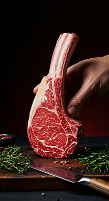 JPG 편집이미지 손 요리 신체부위 소고기 칼 소금 로즈메리 나무도마 통후추 토마호크 편집실사 AI인물포토 AI콘텐츠 도마 육류 사람 목재 허브 CG 후추 파일형식 AI포토