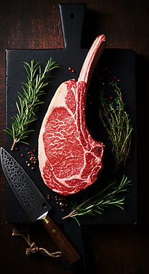 JPG 편집이미지 요리 사람없음 소고기 칼 소금 로즈메리 나무도마 통후추 토마호크 편집실사 AI포토 AI콘텐츠 도마 육류 목재 허브 CG 후추 파일형식