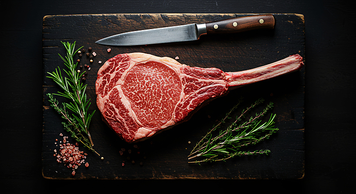 JPG 편집이미지 요리 사람없음 소고기 칼 소금 로즈메리 나무도마 통후추 토마호크 편집실사 AI포토 AI콘텐츠 도마 육류 목재 허브 CG 후추 파일형식