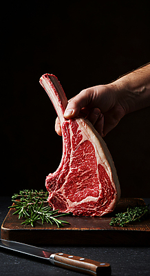 JPG 편집이미지 손 요리 신체부위 소고기 잡기 칼 로즈메리 나무도마 토마호크 편집실사 AI인물포토 AI콘텐츠 모션 도마 육류 사람 목재 허브 CG 파일형식 AI포토