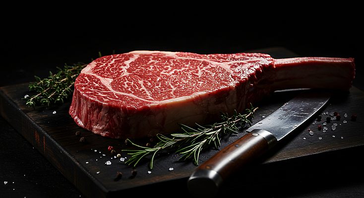 JPG 편집이미지 요리 사람없음 소고기 칼 소금 로즈메리 나무도마 통후추 토마호크 편집실사 AI포토 AI콘텐츠 도마 육류 목재 허브 CG 후추 파일형식