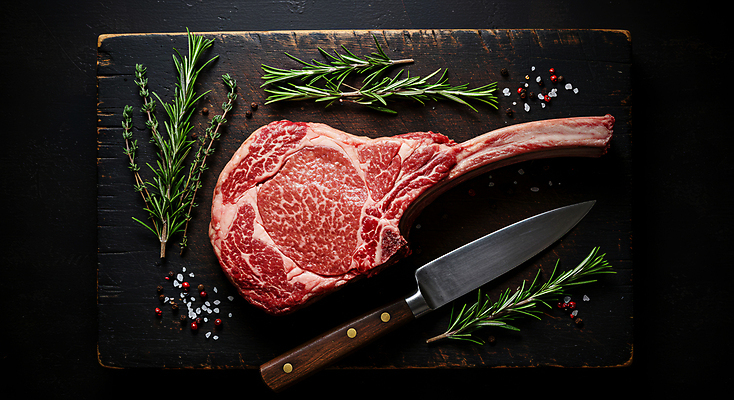 JPG 편집이미지 요리 사람없음 소고기 칼 소금 로즈메리 나무도마 통후추 토마호크 편집실사 AI포토 AI콘텐츠 도마 육류 목재 허브 CG 후추 파일형식