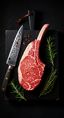 JPG 편집이미지 요리 사람없음 소고기 칼 소금 로즈메리 나무도마 통후추 토마호크 편집실사 AI포토 AI콘텐츠 도마 육류 목재 허브 CG 후추 파일형식