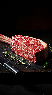 JPG 편집이미지 요리 사람없음 소고기 칼 소금 로즈메리 나무도마 통후추 토마호크 편집실사 AI포토 AI콘텐츠 도마 육류 목재 허브 CG 후추 파일형식