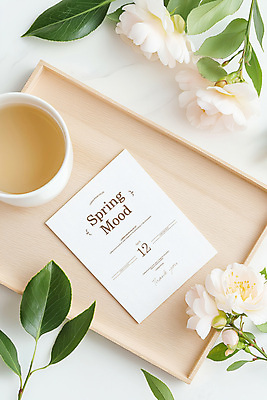 PSD 편집이미지 잎 봄꽃 사람없음 흰색 차 찻잔 청첩장 초대장 나무쟁반 이미지편집 식물 꽃 음료 컬러 잔 카드_감사 쟁반 목재 봄 파일형식