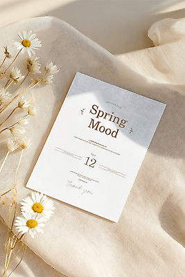 PSD 편집이미지 봄꽃 그림자 사람없음 천 청첩장 데이지 초대장 베이지색 이미지편집 꽃 컬러 카드_감사 봄 직물 파일형식