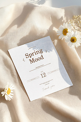 PSD 편집이미지 봄꽃 그림자 사람없음 천 청첩장 데이지 초대장 베이지색 이미지편집 꽃 컬러 카드_감사 봄 직물 파일형식