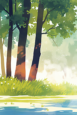 JPG 나무 일러스트 자연 그림자 사람없음 빛 연못 풀 숲속 국내일러스트 AI일러스트 AI콘텐츠 식물 숲 생태계 파일형식