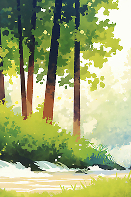 JPG 나무 일러스트 자연 사람없음 풀 개울 숲속 국내일러스트 AI일러스트 AI콘텐츠 식물 강 숲 생태계 파일형식