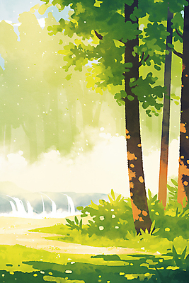 JPG 나무 일러스트 자연 그림자 사람없음 빛 폭포 풀 숲속 국내일러스트 AI일러스트 AI콘텐츠 식물 숲 생태계 파일형식