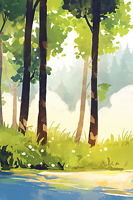 JPG 나무 일러스트 자연 그림자 사람없음 빛 풀 개울 숲속 그늘 국내일러스트 AI일러스트 AI콘텐츠 식물 강 숲 생태계 파일형식