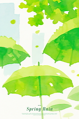 PSD 일러스트 우산 나뭇잎 수채화 빌딩 사람없음 연두색 봄비 국내일러스트 잎 건물 초록색 봄 비_날씨 파일형식