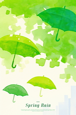 PSD 일러스트 우산 나뭇잎 수채화 빌딩 사람없음 연두색 봄비 국내일러스트 잎 건물 초록색 봄 비_날씨 파일형식