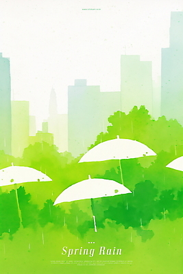 PSD 일러스트 우산 나뭇잎 수채화 빌딩 사람없음 연두색 봄비 국내일러스트 잎 건물 초록색 봄 비_날씨 파일형식