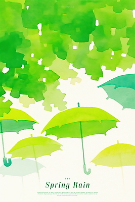 PSD 일러스트 우산 나뭇잎 수채화 사람없음 연두색 봄비 국내일러스트 잎 초록색 봄 비_날씨 파일형식