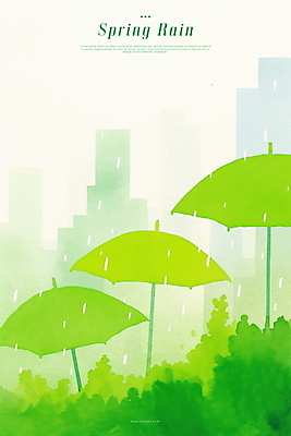 PSD 일러스트 우산 나뭇잎 수채화 빌딩 사람없음 연두색 봄비 국내일러스트 잎 건물 초록색 봄 비_날씨 파일형식