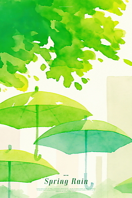PSD 일러스트 우산 나뭇잎 수채화 빌딩 사람없음 연두색 봄비 국내일러스트 잎 건물 초록색 봄 비_날씨 파일형식