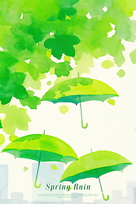 PSD 일러스트 우산 나뭇잎 수채화 빌딩 사람없음 연두색 봄비 국내일러스트 잎 건물 초록색 봄 비_날씨 파일형식