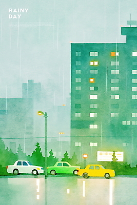 PSD 나무 야경 가로등 일러스트 자동차 수채화 사람없음 건물 초록색 빛 반사 차도 비 감성 흐림 국내일러스트 자연요소 식물 건축물 공공시설 도로 육상교통 컬러 컨셉 날씨 야간 파일형식 풍경_경치