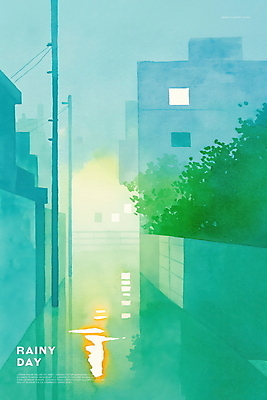 PSD 나무 야경 일러스트 수채화 사람없음 건물 초록색 빛 반사 비 골목길 전봇대 감성 흐림 국내일러스트 자연요소 식물 건축물 공공시설 길 컬러 컨셉 날씨 야간 파일형식 풍경_경치