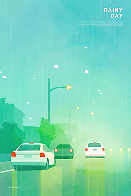 PSD 나무 야경 가로등 일러스트 자동차 하늘 수채화 주택 사람없음 초록색 빛 반사 차도 비 감성 흐림 국내일러스트 자연요소 식물 공공시설 도로 육상교통 컬러 컨셉 날씨 건물 야간 파일형식 풍경_경치