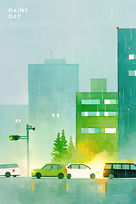 PSD 나무 야경 일러스트 자동차 수채화 사람없음 건물 초록색 빛 비 신호등 감성 흐림 국내일러스트 자연요소 식물 건축물 육상교통 컬러 컨셉 날씨 야간 파일형식 풍경_경치