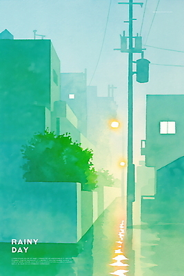 PSD 나무 야경 일러스트 수채화 사람없음 건물 초록색 빛 반사 비 골목길 전봇대 감성 흐림 국내일러스트 자연요소 식물 건축물 공공시설 길 컬러 컨셉 날씨 야간 파일형식 풍경_경치