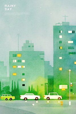 PSD 나무 야경 가로등 일러스트 자동차 수채화 사람없음 건물 초록색 빛 반사 차도 비 감성 흐림 국내일러스트 자연요소 식물 건축물 공공시설 도로 육상교통 컬러 컨셉 날씨 야간 파일형식 풍경_경치