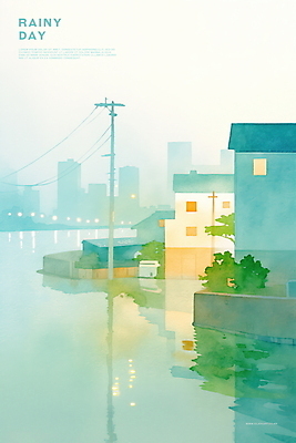 PSD 나무 야경 일러스트 수채화 주택 빌딩 사람없음 초록색 빛 반사 비 전봇대 감성 흐림 국내일러스트 자연요소 식물 공공시설 컬러 컨셉 날씨 건물 야간 파일형식 풍경_경치