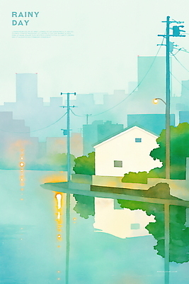 PSD 나무 야경 일러스트 수채화 주택 빌딩 사람없음 초록색 빛 반사 비 전봇대 감성 흐림 국내일러스트 자연요소 식물 공공시설 컬러 컨셉 날씨 건물 야간 파일형식 풍경_경치