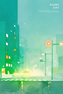 PSD 야경 가로등 일러스트 자동차 수채화 빌딩 사람없음 초록색 빛 차도 비 횡단보도 감성 흐림 국내일러스트 자연요소 공공시설 도로 육상교통 컬러 컨셉 날씨 건물 보행로 야간 파일형식 풍경_경치