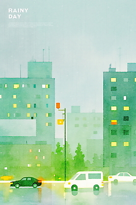 PSD 나무 야경 가로등 일러스트 자동차 수채화 사람없음 건물 초록색 빛 반사 비 감성 흐림 국내일러스트 자연요소 식물 건축물 공공시설 육상교통 컬러 컨셉 날씨 야간 파일형식 풍경_경치