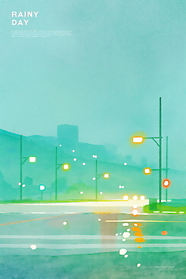 PSD 야경 가로등 일러스트 수채화 사람없음 초록색 빛 반사 차도 비 감성 흐림 국내일러스트 자연요소 공공시설 도로 컬러 컨셉 날씨 야간 파일형식 풍경_경치