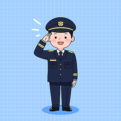 전신 남자 하늘색 일러스트 한명 미소 성인 격자 경찰복 경례 경찰모자 성인남자한명만 일러캐릭터 AI파일 캐릭터 모자_잡화 1 유니폼 무늬 표정 사람 파란색 인사 경찰 남자한명만 성인남자만 파일형식 벡터