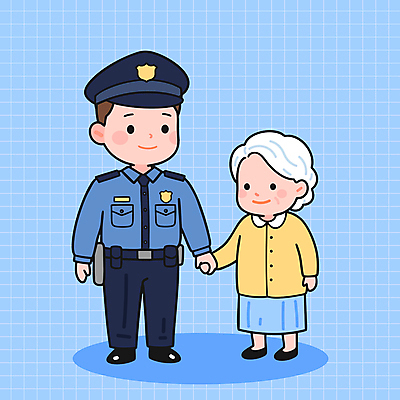전신 여자 노년 남자 할머니 하늘색 일러스트 미소 성인 두명 손잡기 도움 격자 경찰복 경찰모자 일러캐릭터 AI파일 캐릭터 모자_잡화 컨셉 유니폼 무늬 모션 표정 사람 파란색 경찰 파일형식 벡터