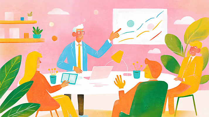 JPG 식물 여자 남자 분홍색 의자 일러스트 회의 선반 미소 앉기 여러명 성인 노트북 손들기 가리킴 비즈니스맨 프레젠테이션 회의실 원형탁자 성인만 국내일러스트 AI일러스트 AI콘텐츠 컬러 가구 다수 비즈니스 모션 탁자 표정 사람 손짓 전자제품 직장인 파일형식