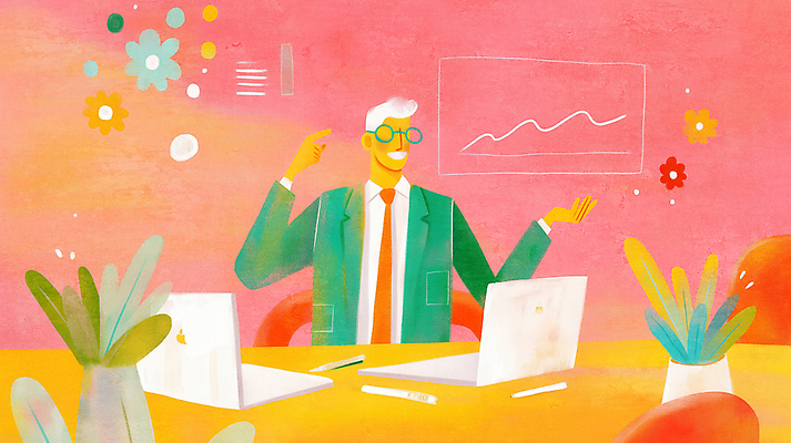 JPG 남자 화분 일러스트 탁자 한명 미소 정장 상반신 성인 노트북 손들기 스크린 가리킴 비즈니스맨 성인남자한명만 안경낌 국내일러스트 AI일러스트 AI콘텐츠 1 옷 안경 가구 비즈니스 모션 표정 사람 손짓 전자제품 직장인 남자한명만 성인남자만 파일형식